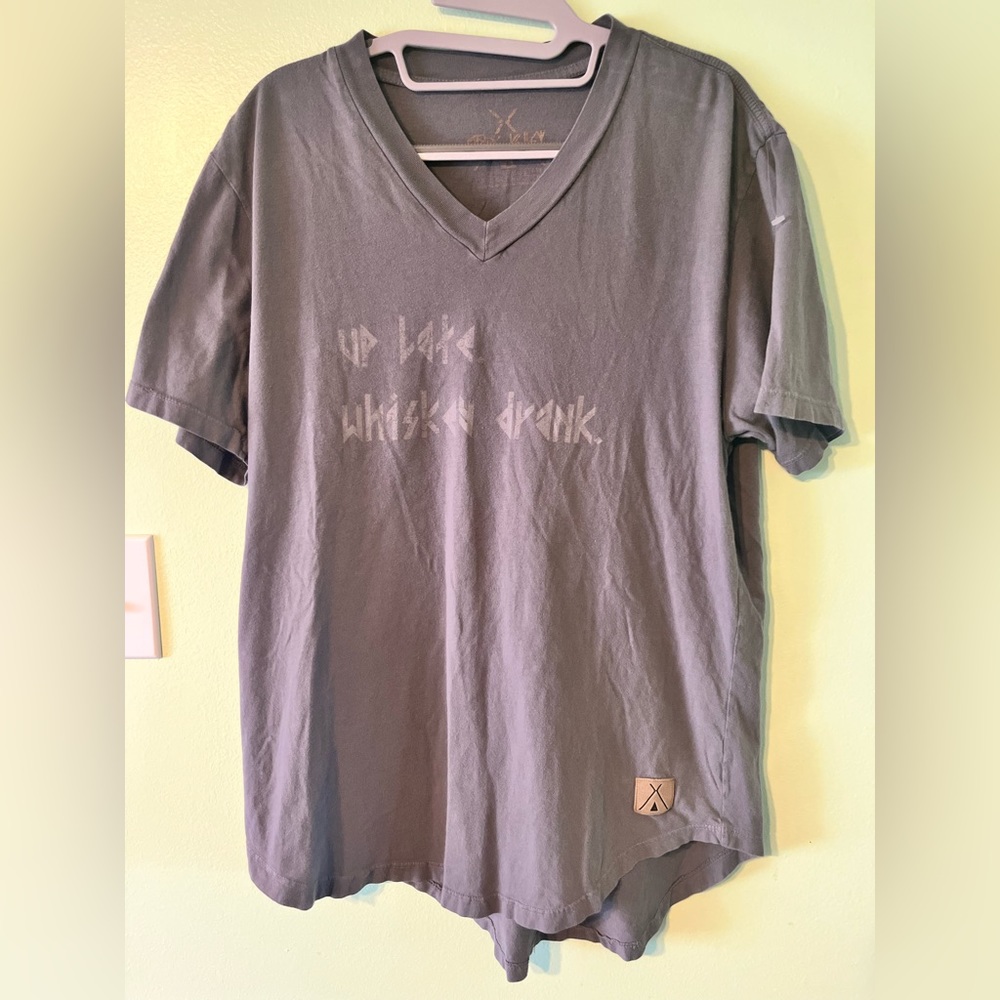 Tribe Kelley Up Late. Whiskey drank. Graphic Print V-Neck T-Shirt. L.